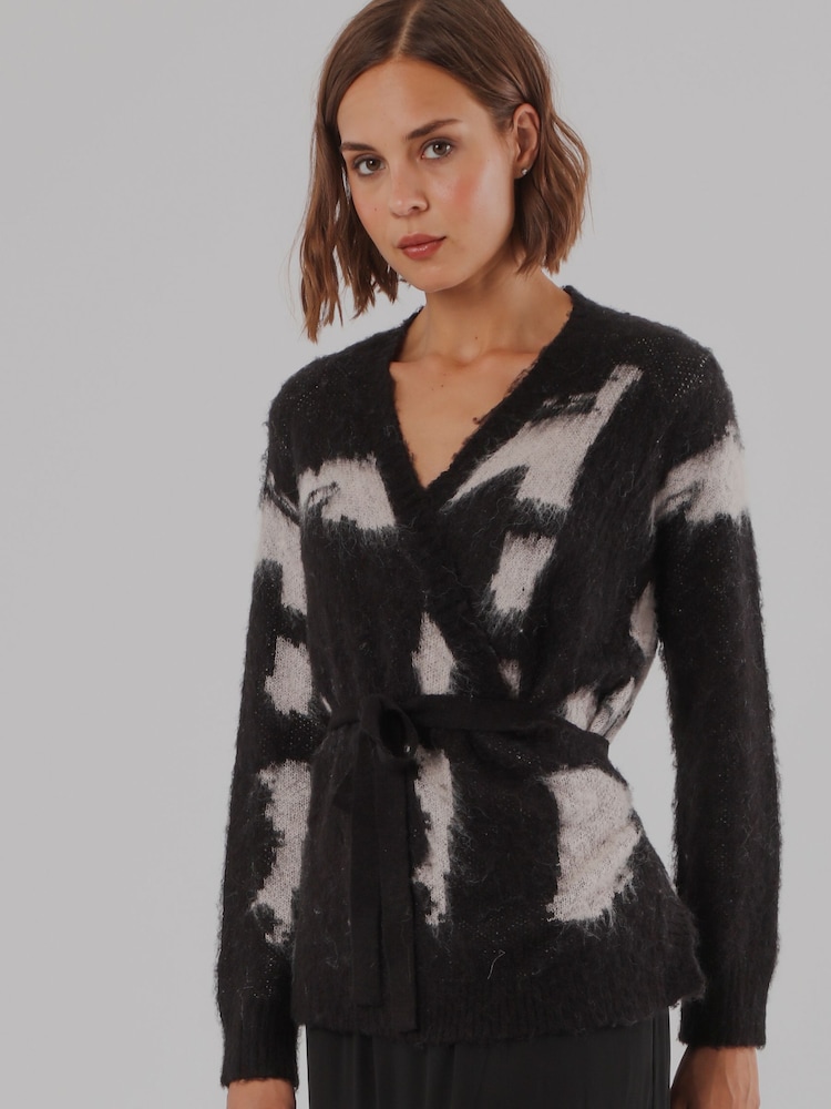 Religion Black Bella Wrap Cardigan With Tie Waist And Soft Pink Pattern - Image 8 of 8 Religion Black Bella Wrap Cardigan With Tie Waist And Soft Pink Pattern - Image 8 of 8