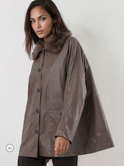 Religion Grey Dark Leather Shirt Jacket with Detachable Fur Collar - Image 1 of 8
