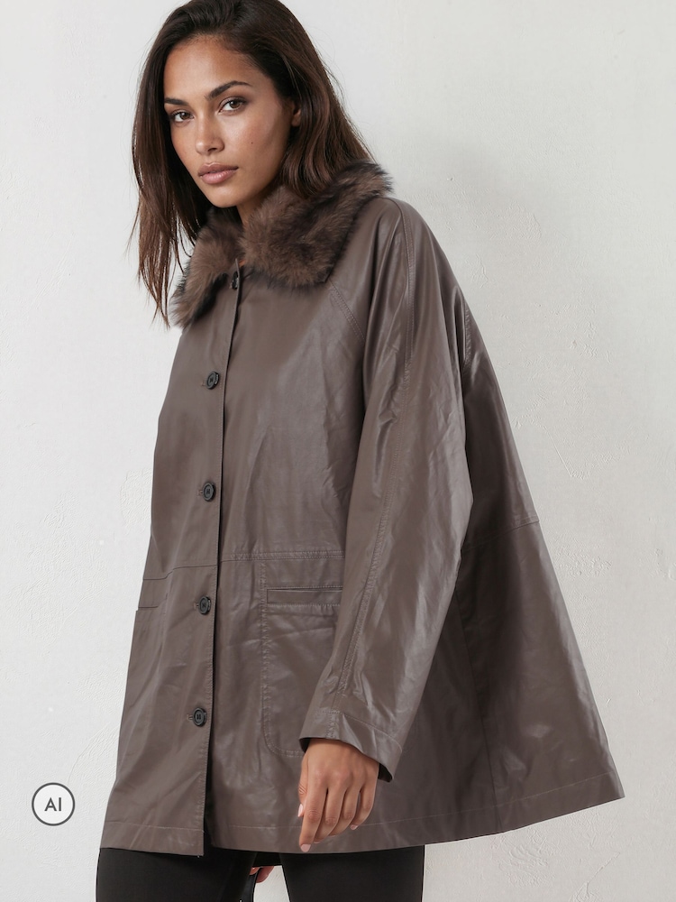 Religion Grey Dark Leather Shirt Jacket with Detachable Fur Collar - Image 1 of 8
