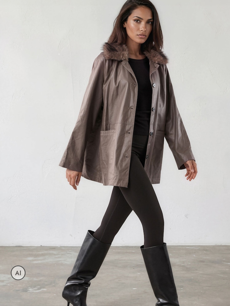 Religion Grey Dark Leather Shirt Jacket with Detachable Fur Collar - Image 2 of 8
