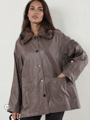 Religion Grey Dark Leather Shirt Jacket with Detachable Fur Collar - Image 3 of 8