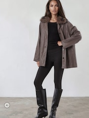 Religion Grey Dark Leather Shirt Jacket with Detachable Fur Collar - Image 5 of 8