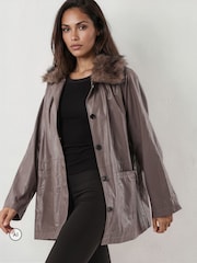 Religion Grey Dark Leather Shirt Jacket with Detachable Fur Collar - Image 8 of 8