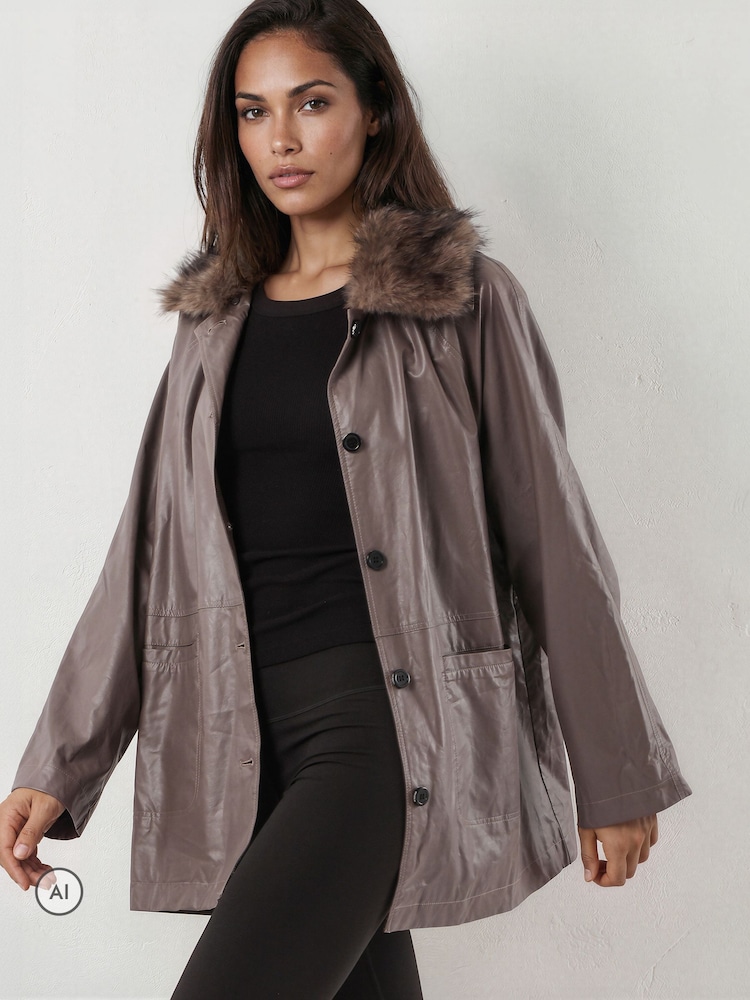 Religion Grey Dark Leather Shirt Jacket with Detachable Fur Collar - Image 8 of 8