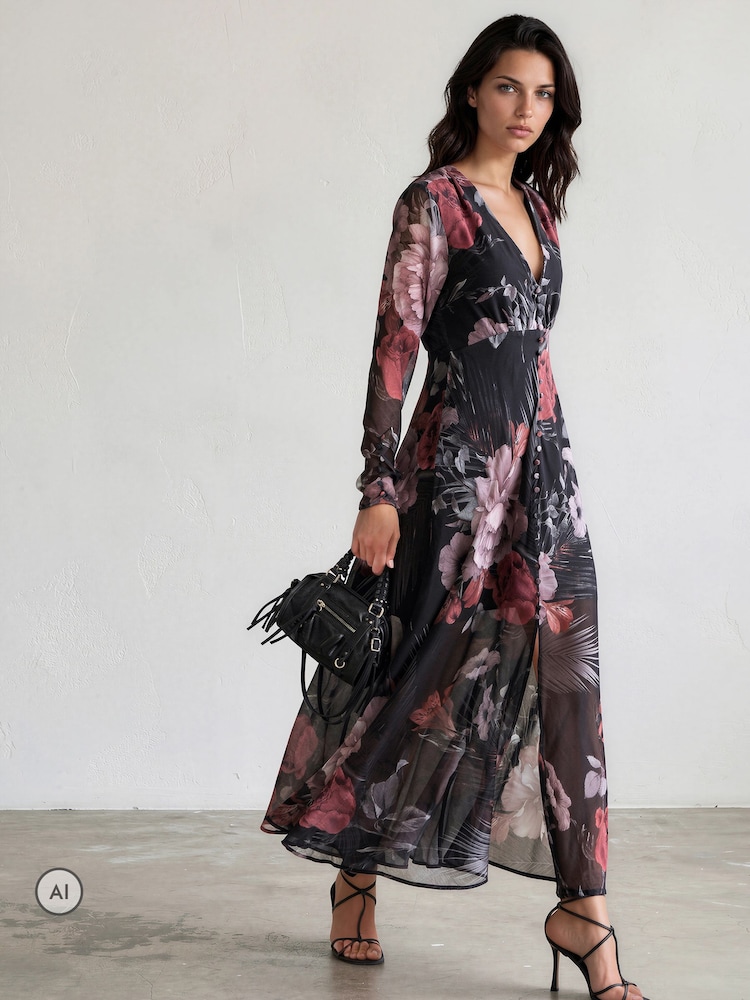 Religion Black Chloe Long Sleeved Maxi Dress with button detail - Image 2 of 8 Religion Black Chloe Long Sleeved Maxi Dress with button detail - Image 2 of 8