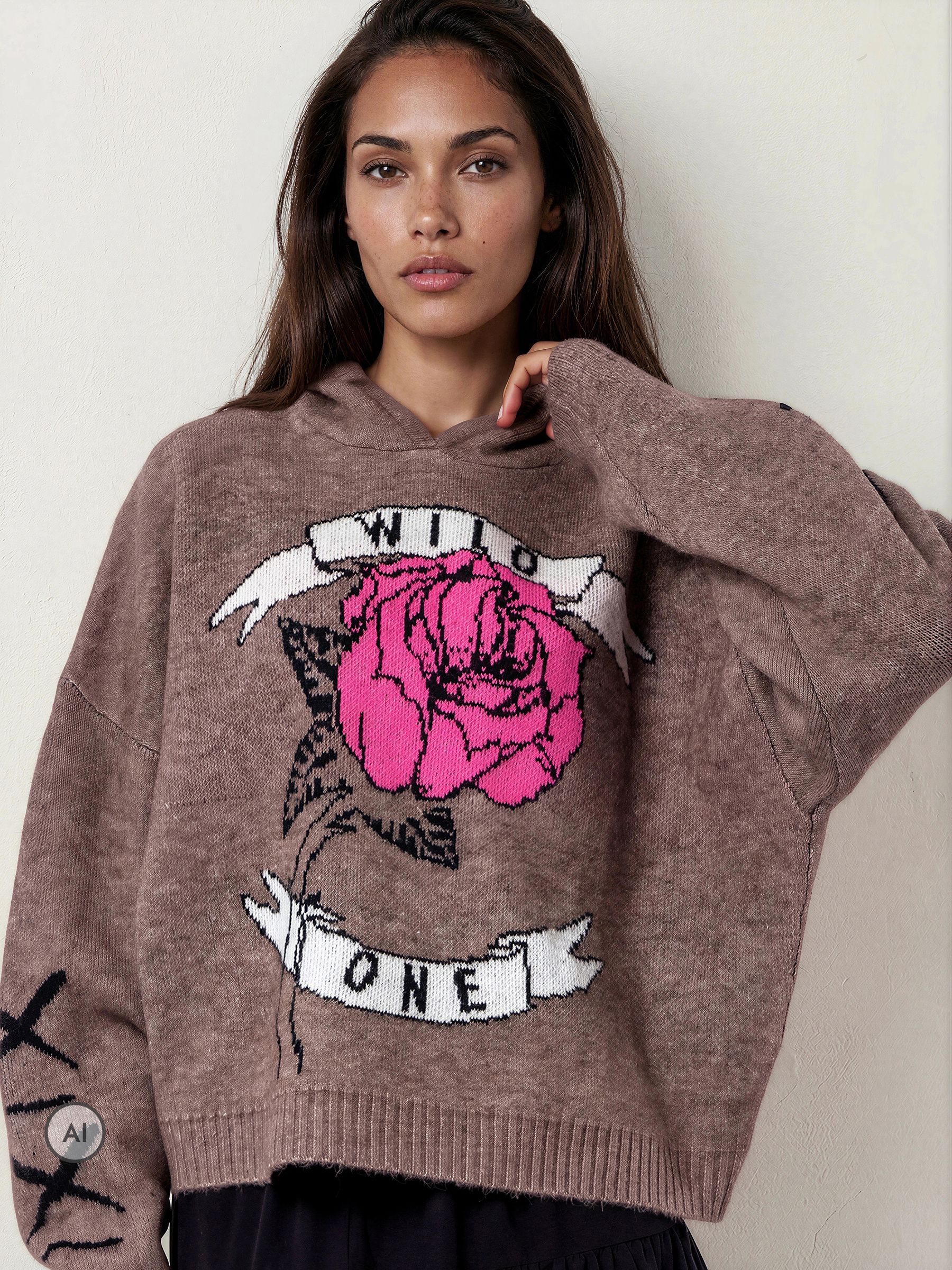Buy Religion Natural Layla Hoodie Jumper with Large Jaquard Rose