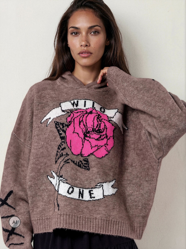 Religion Natural Layla Hoodie Jumper with Large Jaquard Rose Wild one design - Image 1 of 8 Religion Natural Layla Hoodie Jumper with Large Jaquard Rose Wild one design - Image 1 of 8