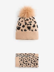 Chocolate Brown Animal Print Hat and Scarf Set (3-16yrs) - Image 1 of 4