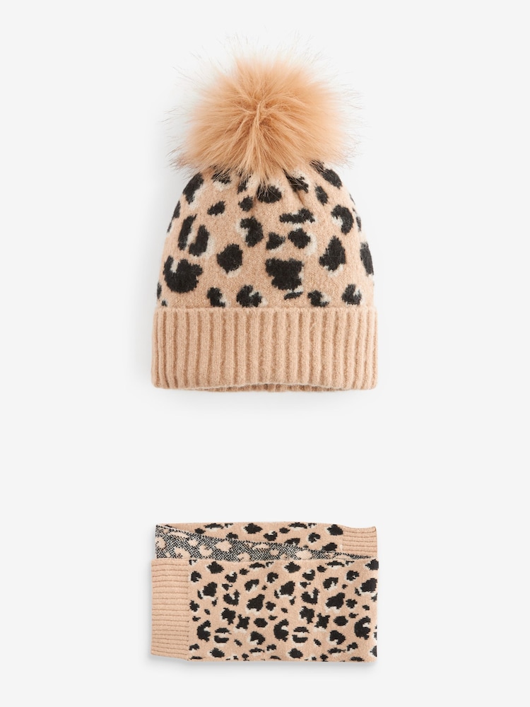 Chocolate Brown Animal Print Hat and Scarf Set (3-16yrs) - Image 1 of 4