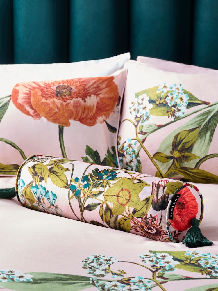 Clarke & Clarke Pink Passiflora Floral Bolster Cushion - Image 1 of 3