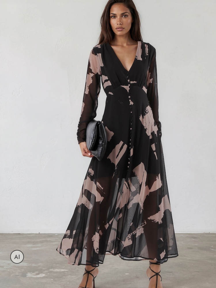 Religion Black Abstract Print Chloe Long Sleeved Maxi Dress with button detail - Image 1 of 8