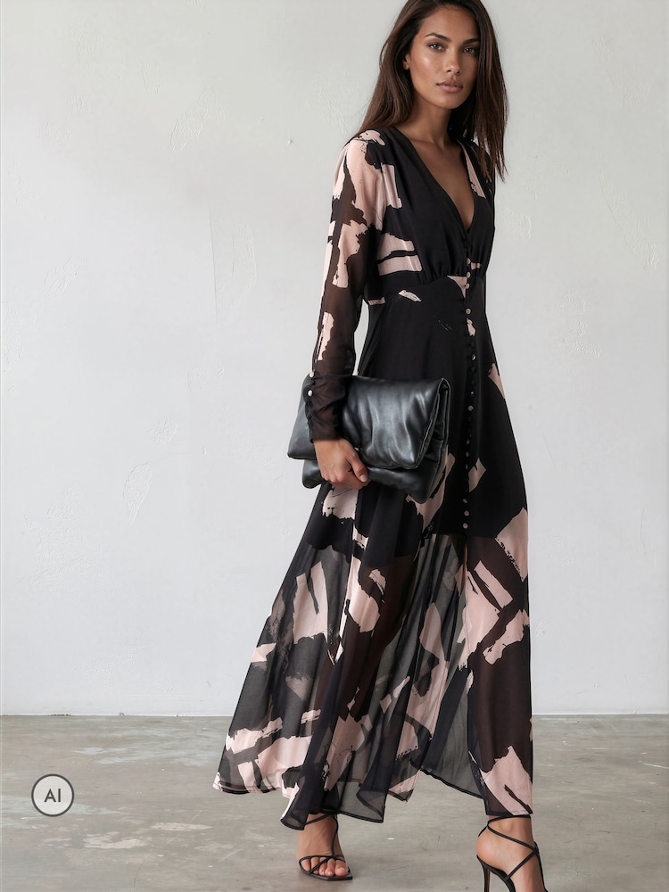 Religion Black Abstract Print Chloe Long Sleeved Maxi Dress with button detail - Image 2 of 8