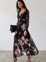 Religion Black Abstract Print Chloe Long Sleeved Maxi Dress with button detail - Image 3 of 8