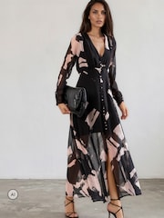Religion Black Abstract Print Chloe Long Sleeved Maxi Dress with button detail - Image 4 of 8