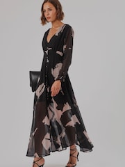 Religion Black Abstract Print Chloe Long Sleeved Maxi Dress with button detail - Image 7 of 8
