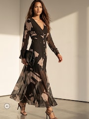 Religion Black Abstract Print Chloe Long Sleeved Maxi Dress with button detail - Image 8 of 8