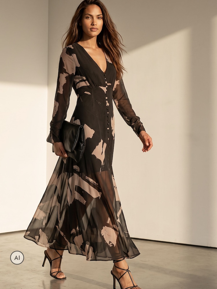 Religion Black Abstract Print Chloe Long Sleeved Maxi Dress with button detail - Image 8 of 8