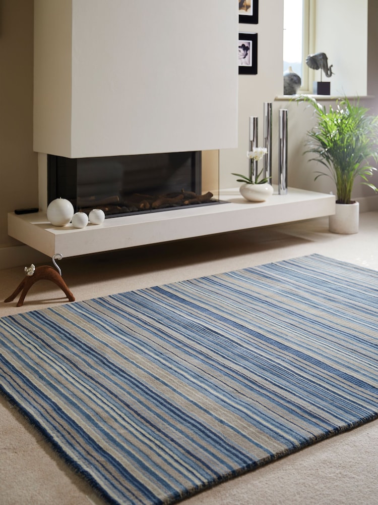 Origin Rug Collection. Blue Beige Fine Stripe Rug - Image 2 of 4