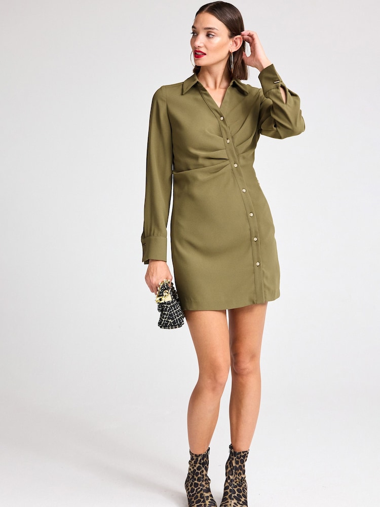 Khaki Green Asymmetric Crepe Mini Dress - Image 2 of 6 Khaki Green Asymmetric Crepe Mini Dress - Image 2 of 6