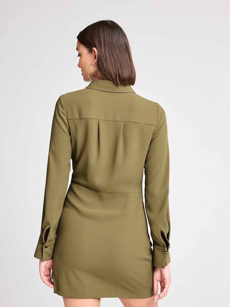 Khaki Green Asymmetric Crepe Mini Dress - Image 3 of 6