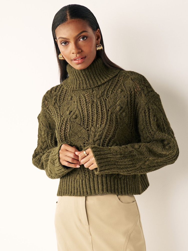 Khaki Green Crochet Open Stitch Roll Neck Jumper - Image 1 of 7