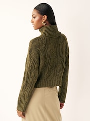 Khaki Green Crochet Open Stitch Roll Neck Jumper - Image 2 of 7