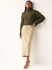 Khaki Green Crochet Open Stitch Roll Neck Jumper - Image 3 of 7