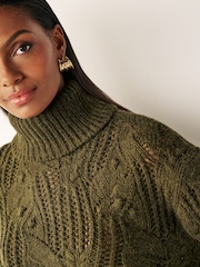 Khaki Green Crochet Open Stitch Roll Neck Jumper - Image 4 of 7