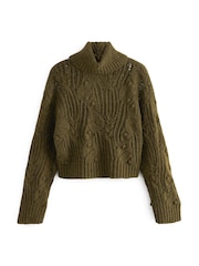 Khaki Green Crochet Open Stitch Roll Neck Jumper - Image 6 of 7