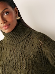 Khaki Green Crochet Open Stitch Roll Neck Jumper - Image 9 of 12