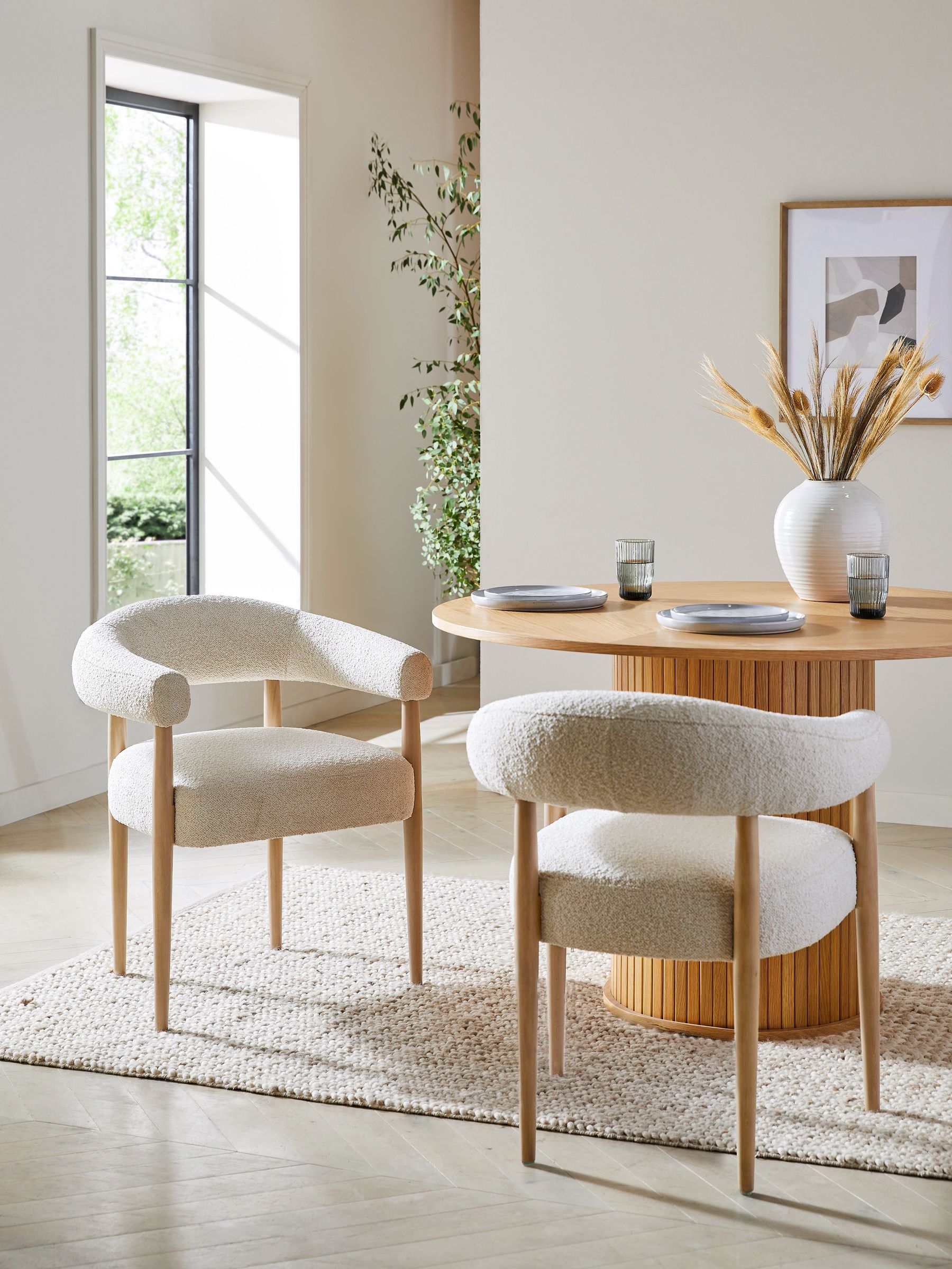 Set of 2 Casual Boucle Oyster Aire Light Wood Leg Dining Chairs