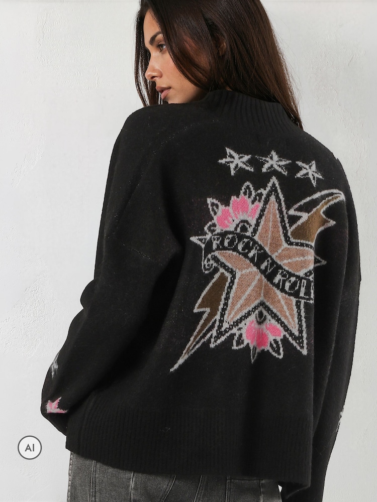 Svart - Religion Forever-cardigan med stjerne-rock-n-roll-jacquard - Bilde 1 av 8