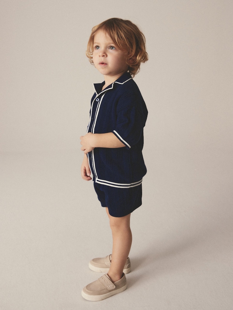 Navy 100% Cotton Knitted Shirt and Shorts Set (3mths-10yrs) - Image 1 of 5 Navy 100% Cotton Knitted Shirt and Shorts Set (3mths-10yrs) - Image 1 of 5