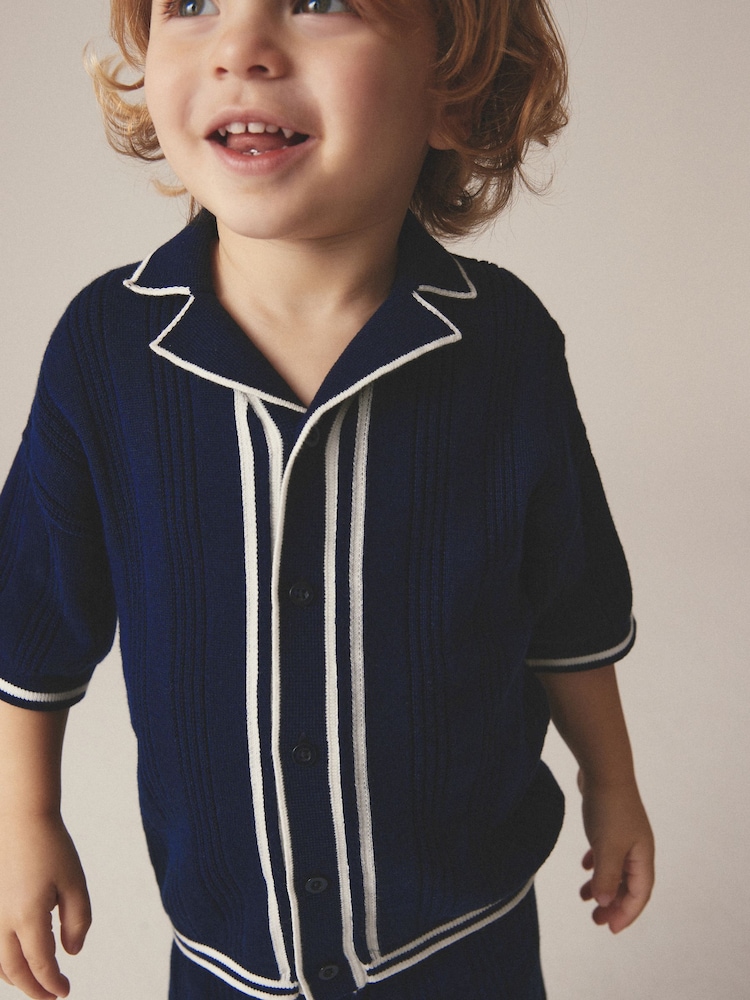Navy 100% Cotton Knitted Shirt and Shorts Set (3mths-10yrs) - Image 2 of 5 Navy 100% Cotton Knitted Shirt and Shorts Set (3mths-10yrs) - Image 2 of 5