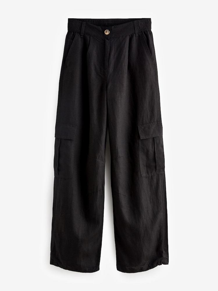 Black Linen Blend Cargo Trousers - Image 1 of 2