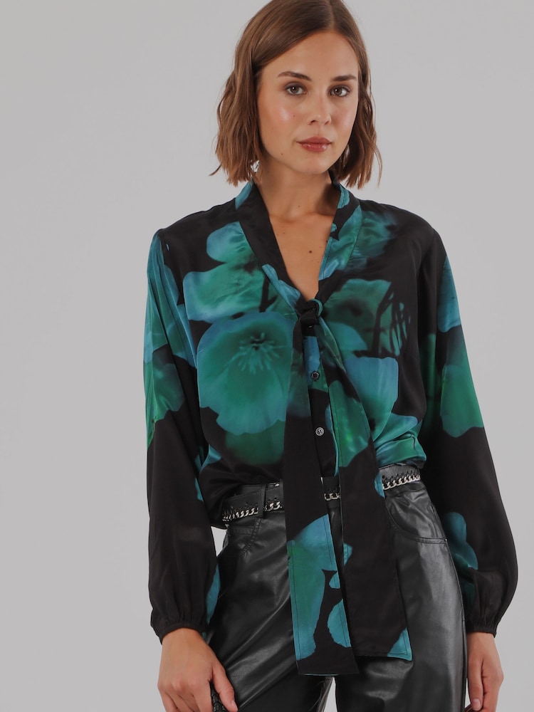 Religion Green Evie Blouse In Large Floral Fire Print With Sash Tie Blouses - Image 1 of 8 Religion Green Evie Blouse In Large Floral Fire Print With Sash Tie Blouses - Image 1 of 8