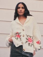 Ecru White Shawl Collar Hand Knit Floral Cardigan with Wool - Image 1 of 3