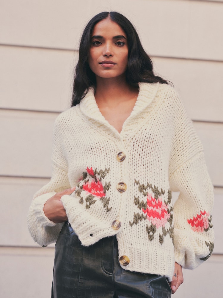 Ecru White Shawl Collar Hand Knit Floral Cardigan with Wool - Image 1 of 3