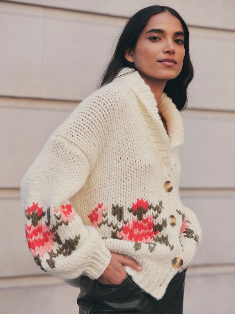 Ecru White Shawl Collar Hand Knit Floral Cardigan with Wool - Image 2 of 3