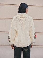 Ecru White Shawl Collar Hand Knit Floral Cardigan with Wool - Image 3 of 3