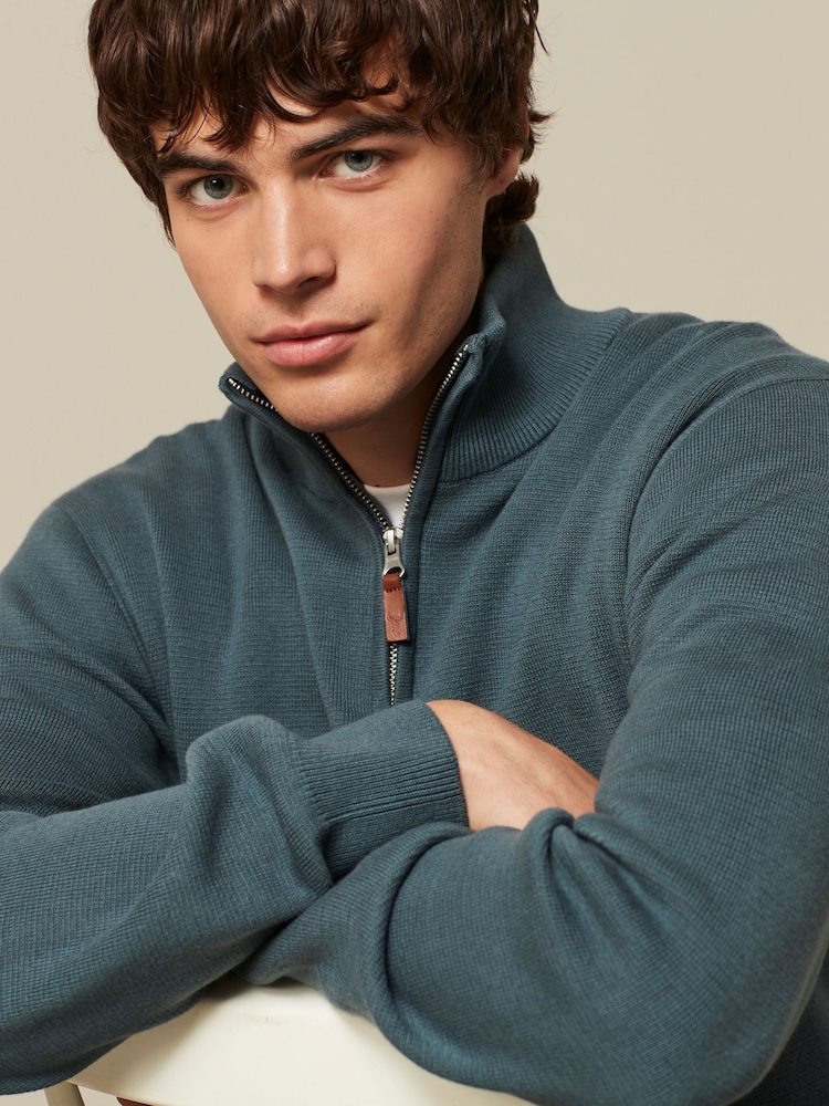 Blue Plain Regular Fit 100% Cotton Premium Zip Neck Jumper - Image 1 of 9