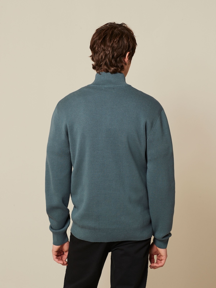 Blue Plain Regular Fit 100% Cotton Premium Zip Neck Jumper - Image 4 of 9