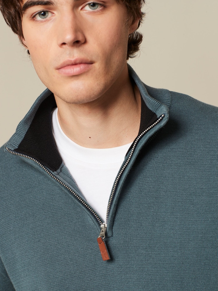 Blue Plain Regular Fit 100% Cotton Premium Zip Neck Jumper - Image 5 of 9