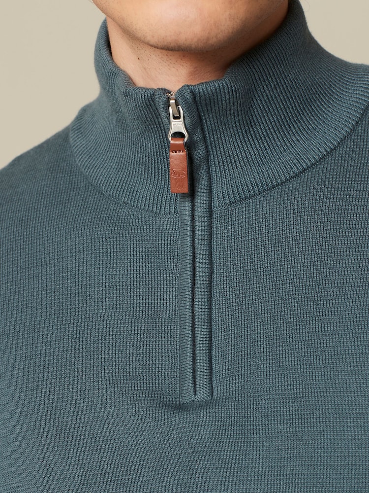 Blue Plain Regular Fit 100% Cotton Premium Zip Neck Jumper - Image 6 of 9