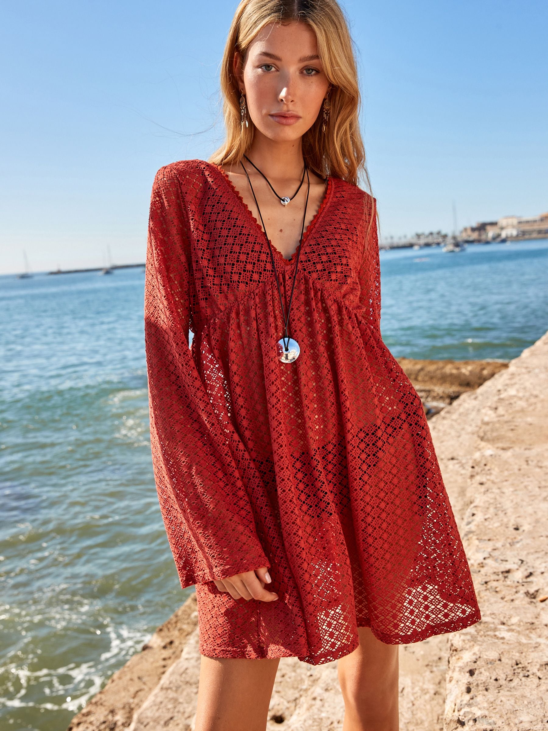 Buy Red Crochet Lace Beach Cover Up Kaftan from Next Luxembourg