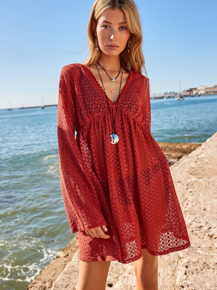 Red Crochet Lace Beach Cover-Up Kaftan - Image 1 of 8