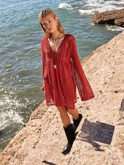 Red Crochet Lace Beach Cover-Up Kaftan - Image 3 of 8