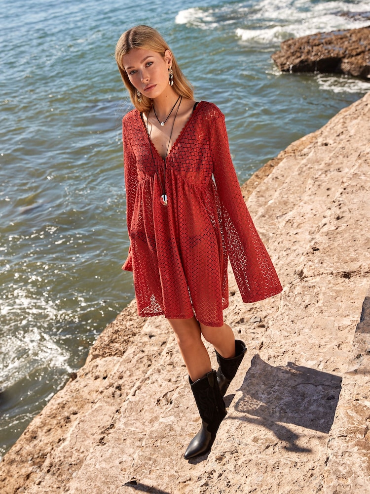 Red Crochet Lace Beach Cover-Up Kaftan - Image 3 of 8