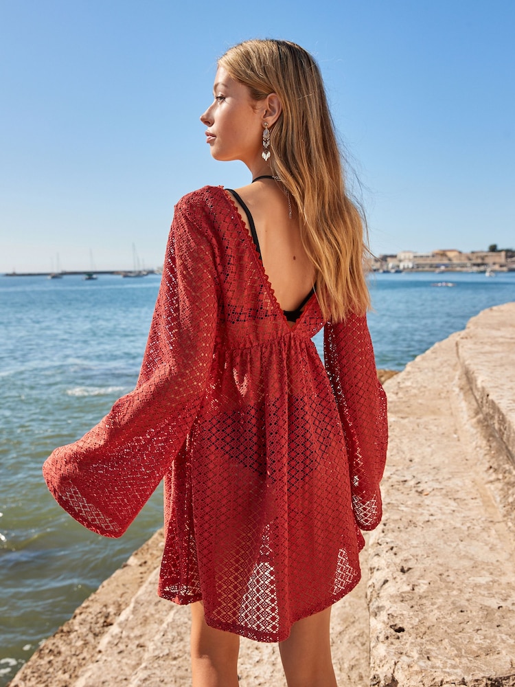 Red Crochet Lace Beach Cover-Up Kaftan - Image 5 of 8
