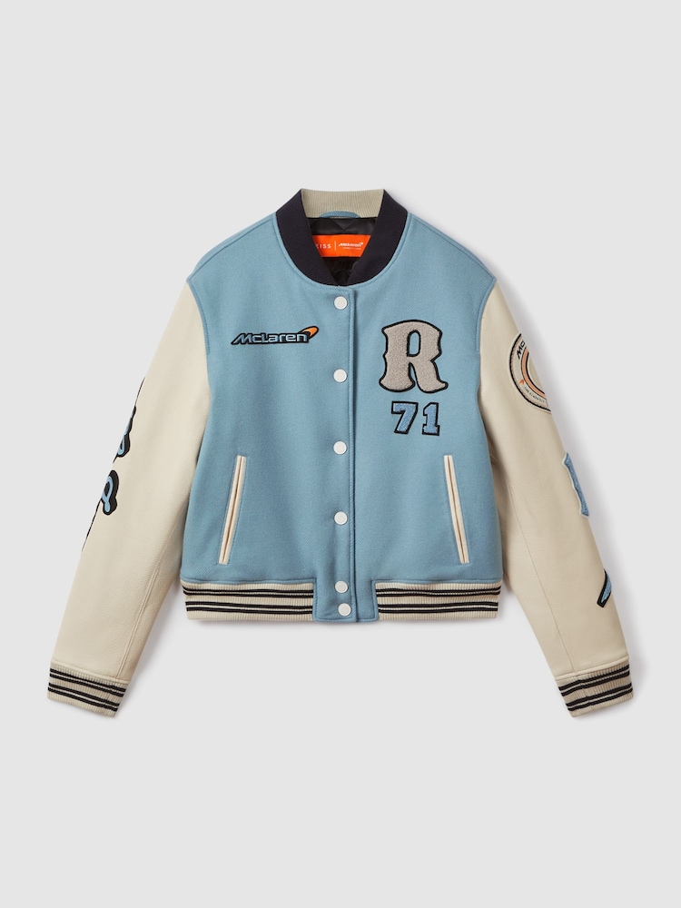 Reiss x McLaren F1 Team Soft Blue/Ecru McLaren F1 Leather Varsity Jacket - Image 2 of 7 Reiss x McLaren F1 Team Soft Blue/Ecru McLaren F1 Leather Varsity Jacket - Image 2 of 7